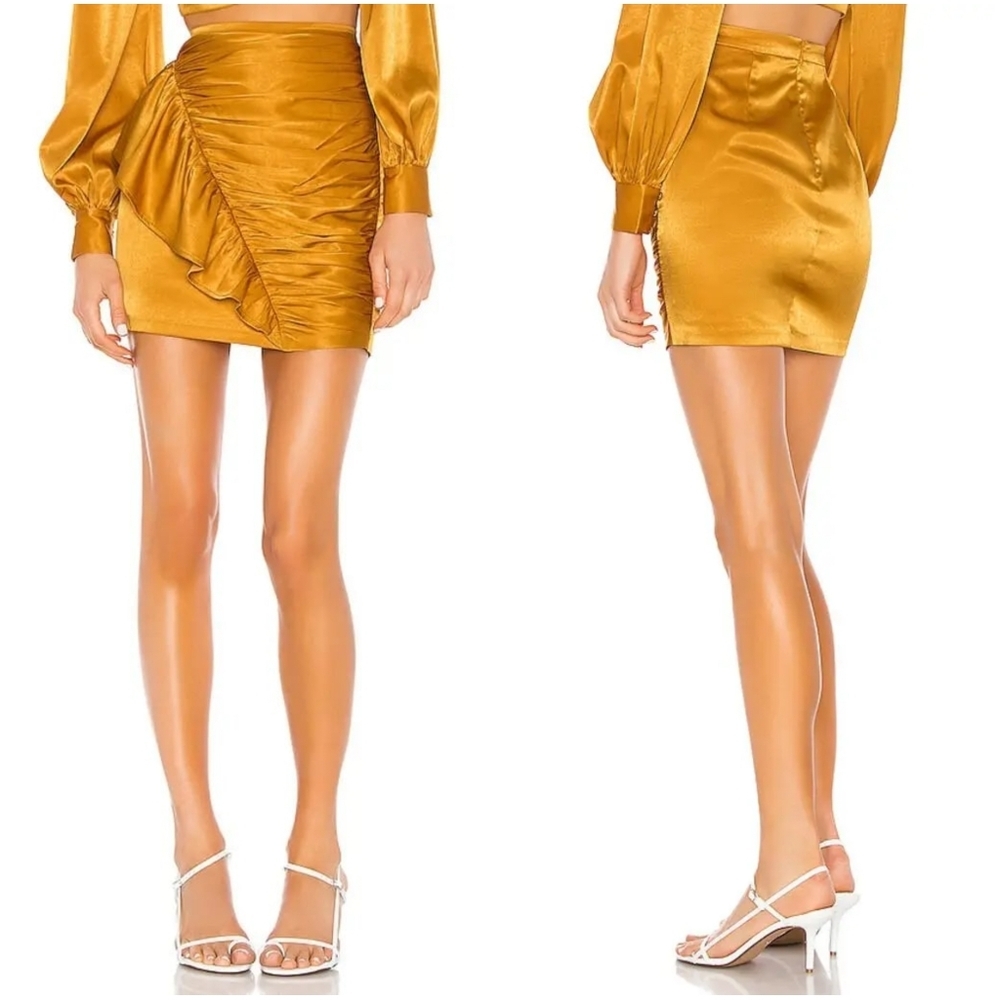 Camila Coelho Kaylee Satin Ruffled Mini Skirt in Gold XS